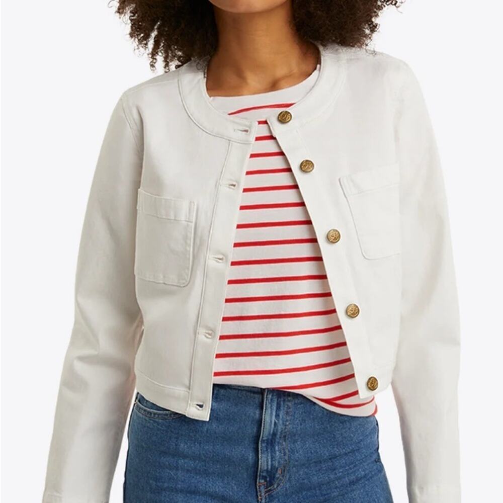 Draper James - Collarless Jacket in White Denim - Size: Large /  12 - NWT